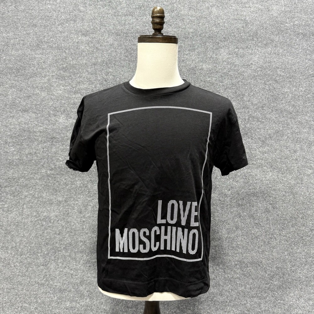 Love Moschino Womens Black Rhinestone Logo Graphic T-Shirt Size 8 / 42